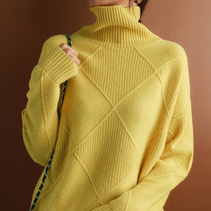 Adaline Diamond-Knit Turtleneck Sweater – Oversized Ribbed Dropped-Shoulder Pullover