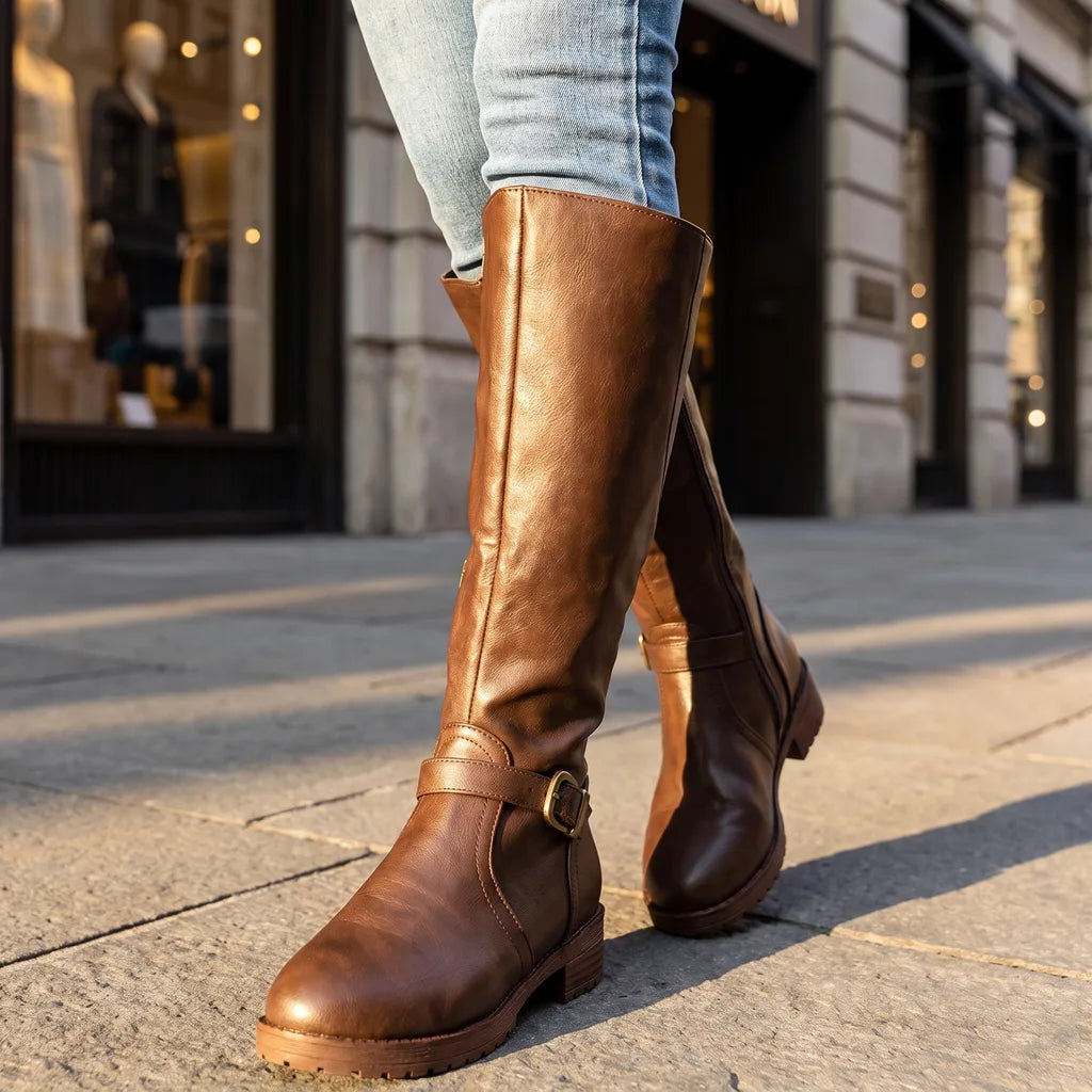 Adaline Leather Riding Boots – Buckle Strap Side Zip Lug Sole Footwear