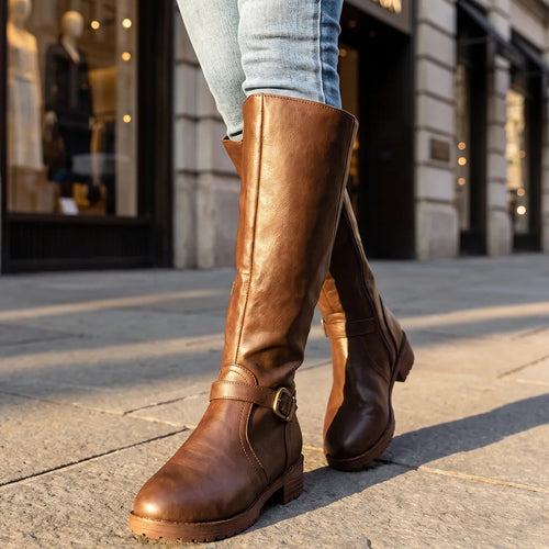 Adaline Leather Riding Boots – Buckle Strap Side Zip Lug Sole Footwear