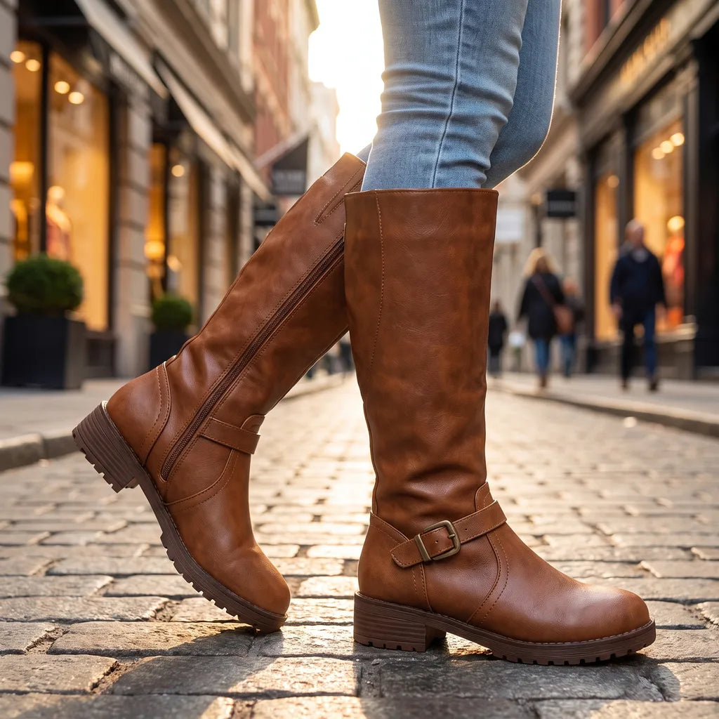 Adaline Leather Riding Boots – Buckle Strap Side Zip Lug Sole Footwear