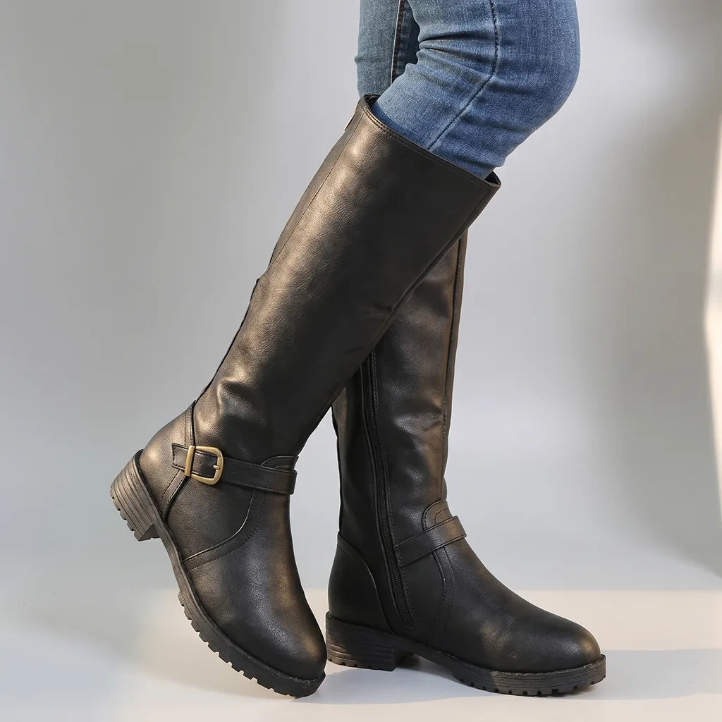 Adaline Leather Riding Boots – Buckle Strap Side Zip Lug Sole Footwear