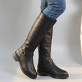 Adaline Leather Riding Boots – Buckle Strap Side Zip Lug Sole Footwear
