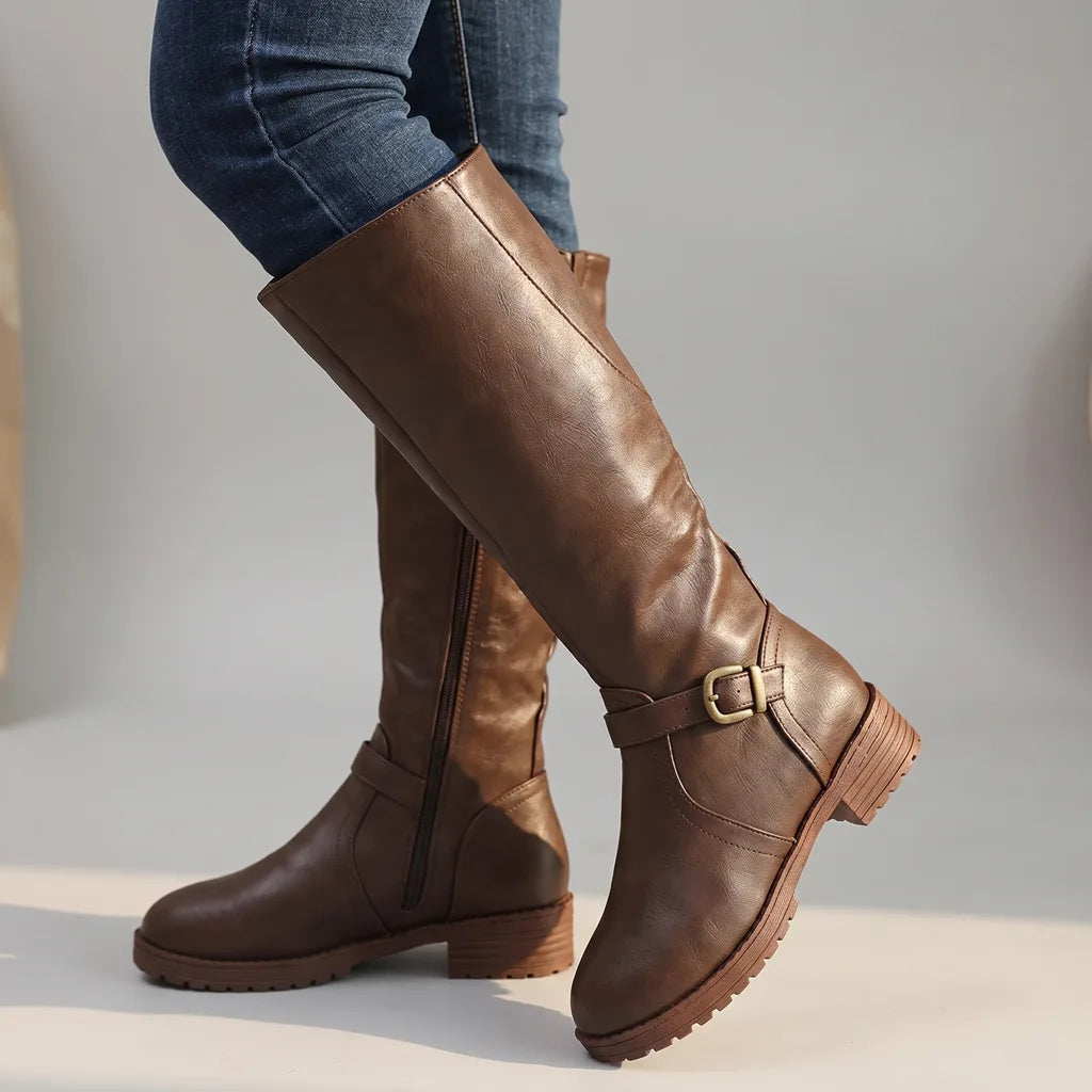 Adaline Leather Riding Boots – Buckle Strap Side Zip Lug Sole Footwear