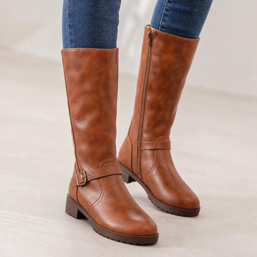 Adaline Leather Riding Boots – Buckle Strap Side Zip Lug Sole Footwear
