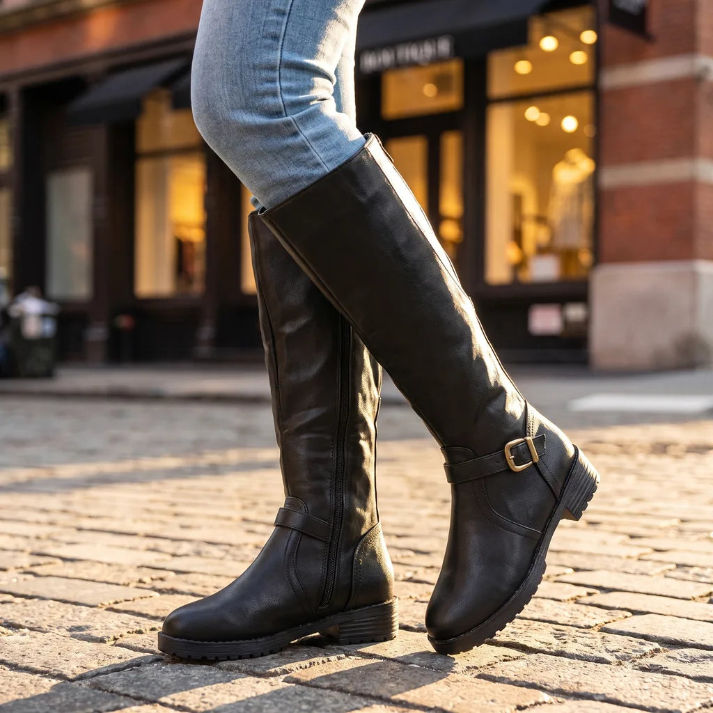Adaline Leather Riding Boots – Buckle Strap Side Zip Lug Sole Footwear