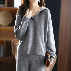 Adaline Ribbed Knit Collared Sweater – V-Neck Relaxed Fit Casual Pullover - Dark gray