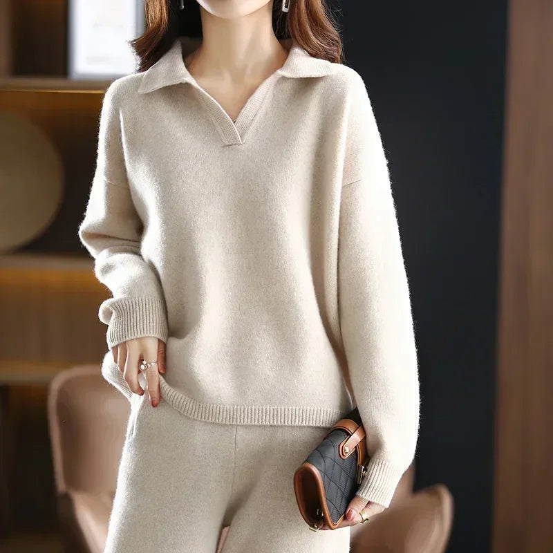Adaline Ribbed Knit Collared Sweater – V-Neck Relaxed Fit Casual Pullover