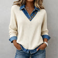 Adaline Ribbed Knit Sweater – Denim Contrast Button V-Neck Pullover