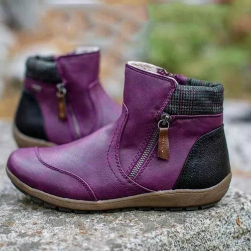 Adaline Waterproof Leather Ankle Boots – Plaid-Collar Cushioned Footwear