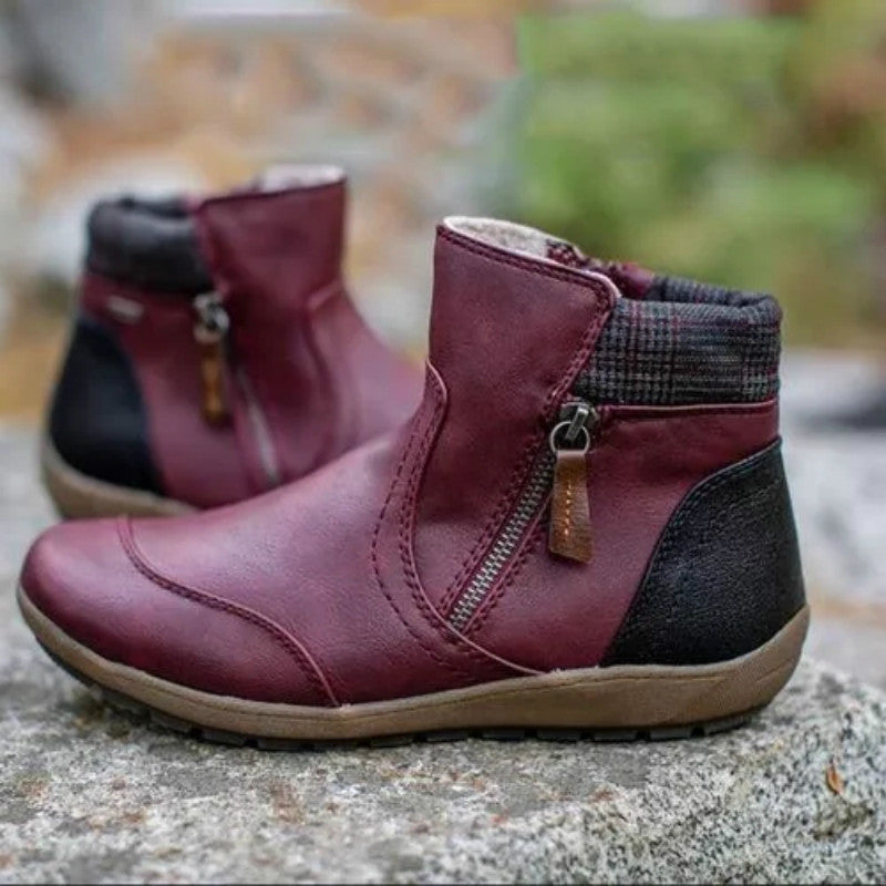 Adaline Waterproof Leather Ankle Boots – Plaid-Collar Cushioned Footwear