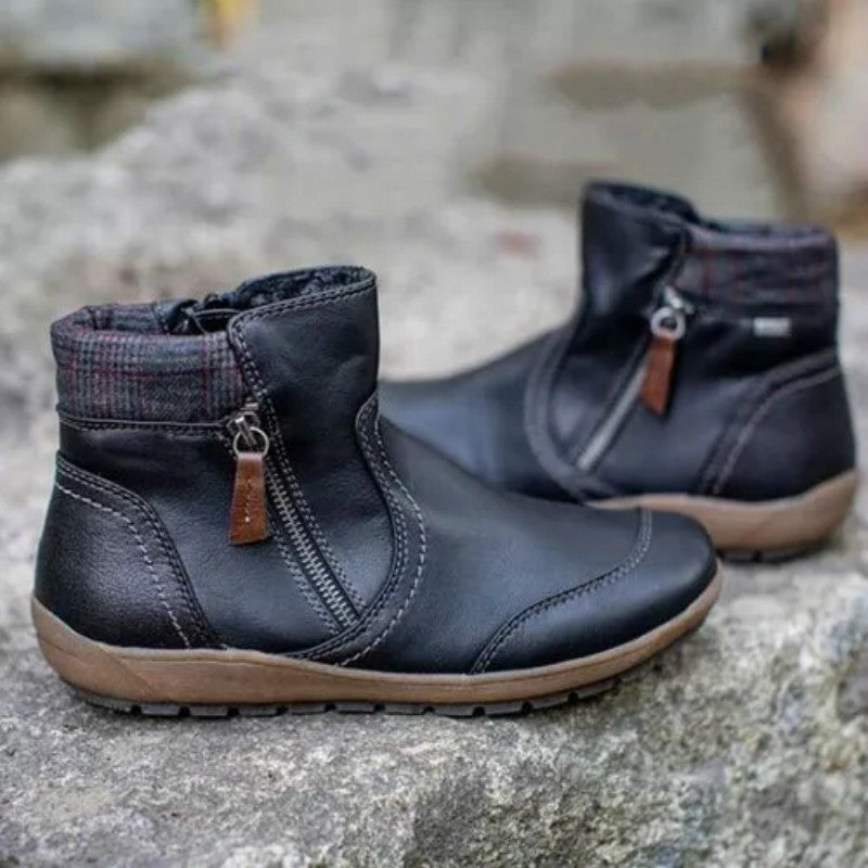 Adaline Waterproof Leather Ankle Boots – Plaid-Collar Cushioned Footwear
