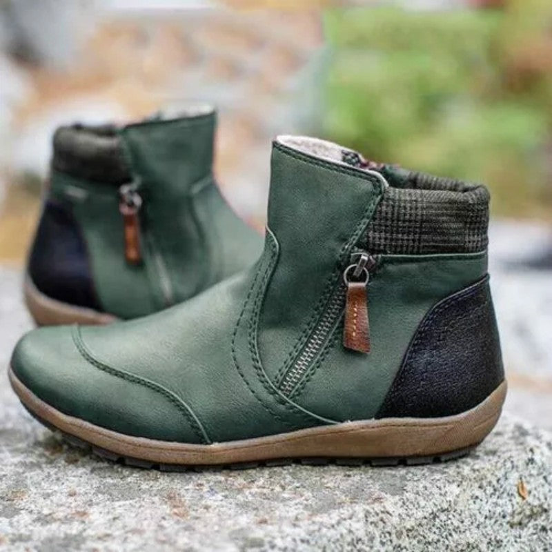 Adaline Waterproof Leather Ankle Boots – Plaid-Collar Cushioned Footwear