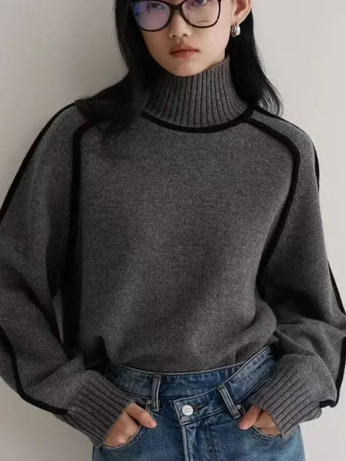 Adele Ribbed Knit Turtleneck Sweater – Piped Trim Raglan Sleeve Pullover