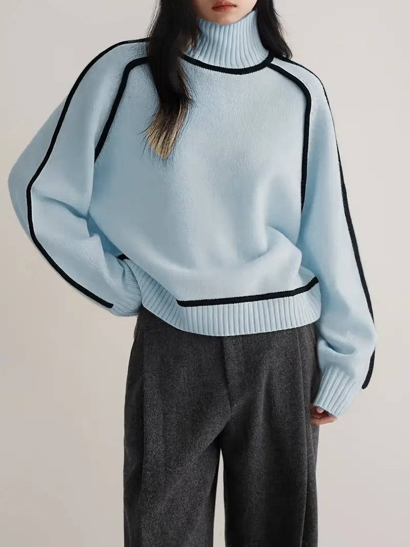 Adele Ribbed Knit Turtleneck Sweater – Piped Trim Raglan Sleeve Pullover