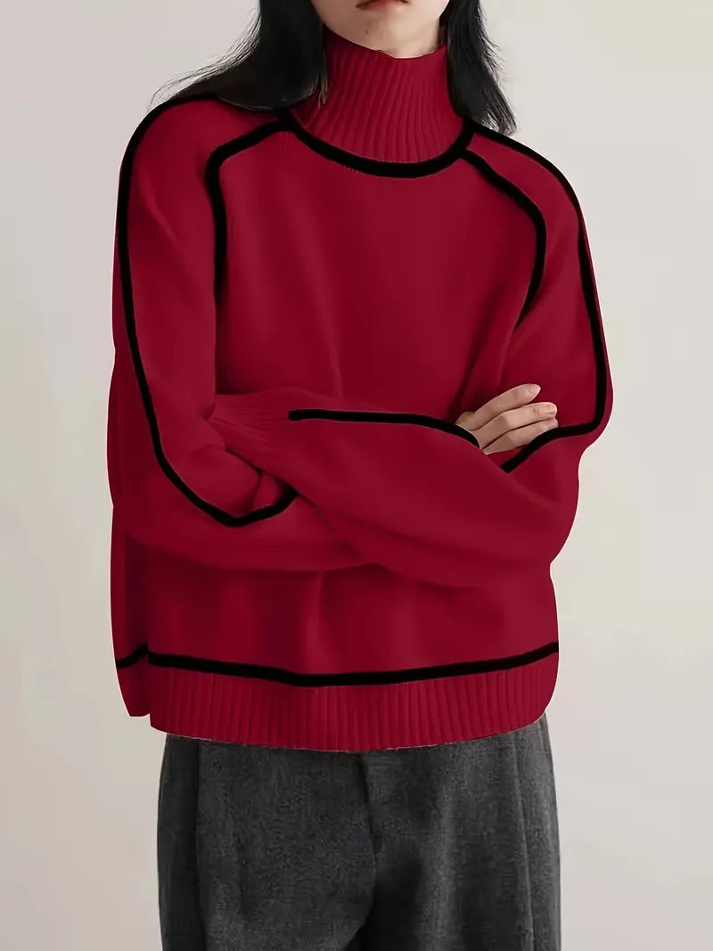 Adele Ribbed Knit Turtleneck Sweater – Piped Trim Raglan Sleeve Pullover