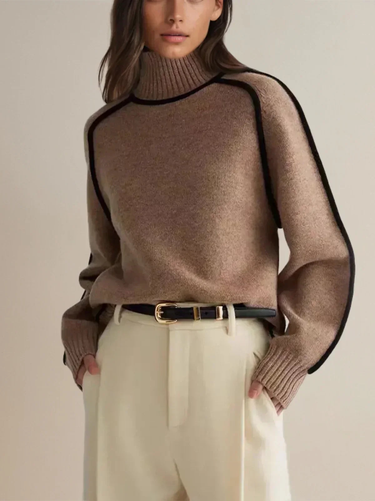 Adele Ribbed Knit Turtleneck Sweater – Piped Trim Raglan Sleeve Pullover