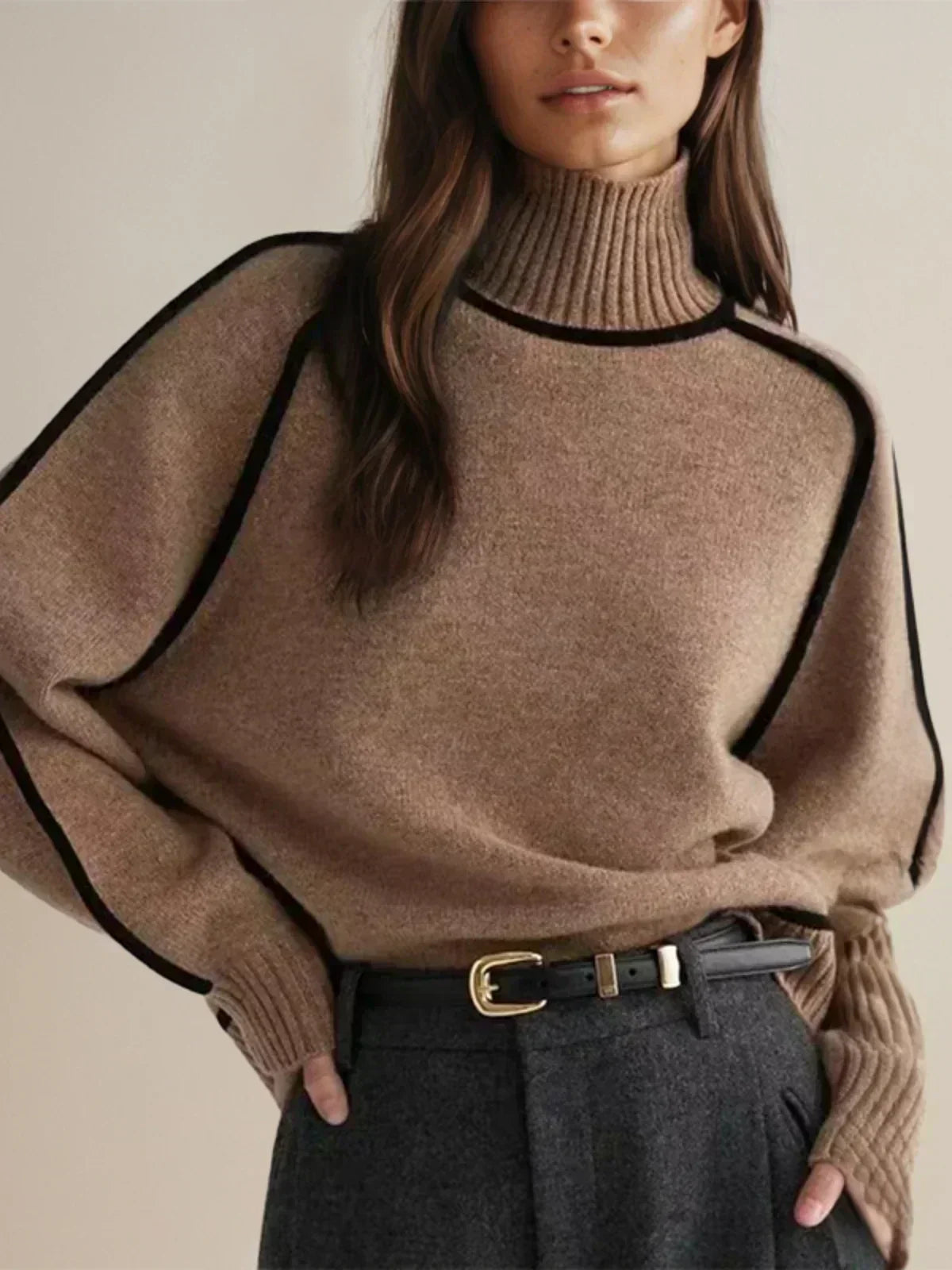 Adele Ribbed Knit Turtleneck Sweater – Piped Trim Raglan Sleeve Pullover