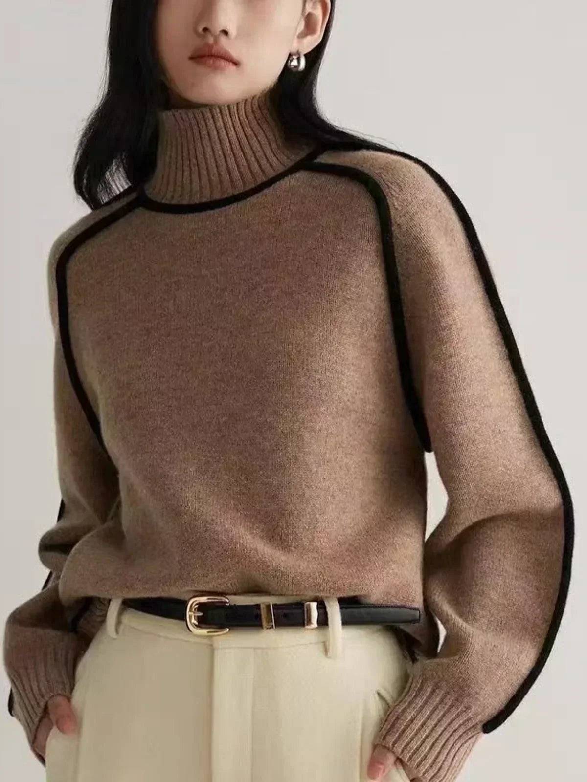 Adele Ribbed Knit Turtleneck Sweater – Piped Trim Raglan Sleeve Pullover