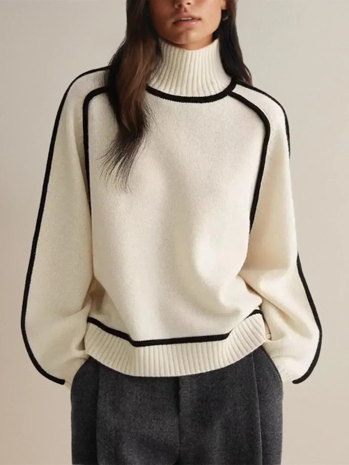 Adele Ribbed Knit Turtleneck Sweater – Piped Trim Raglan Sleeve Pullover