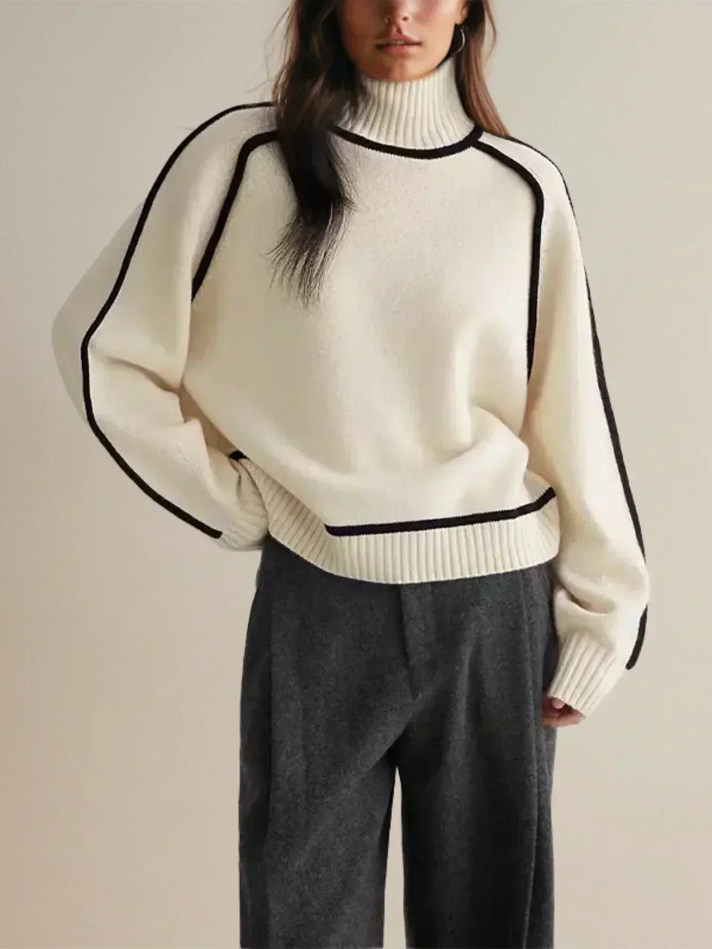 Adele Ribbed Knit Turtleneck Sweater – Piped Trim Raglan Sleeve Pullover