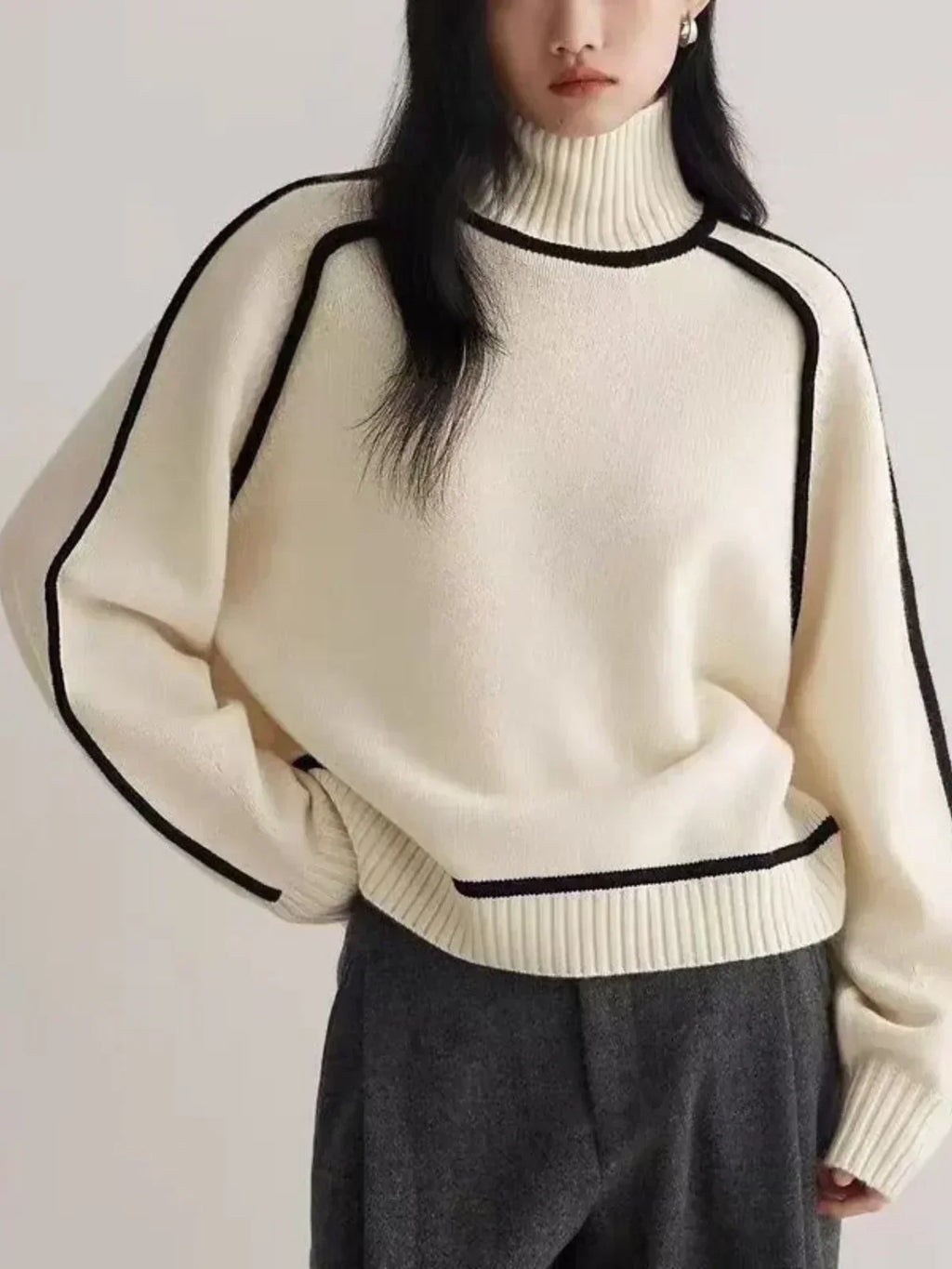 Adele Ribbed Knit Turtleneck Sweater – Piped Trim Raglan Sleeve Pullover