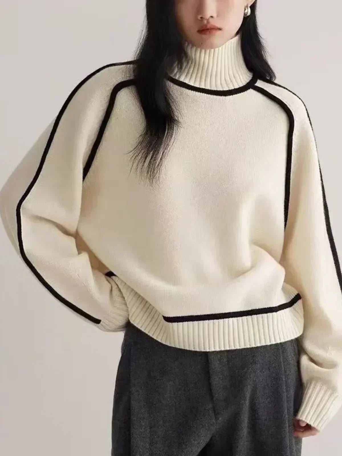 Adele Ribbed Knit Turtleneck Sweater – Piped Trim Raglan Sleeve Pullover