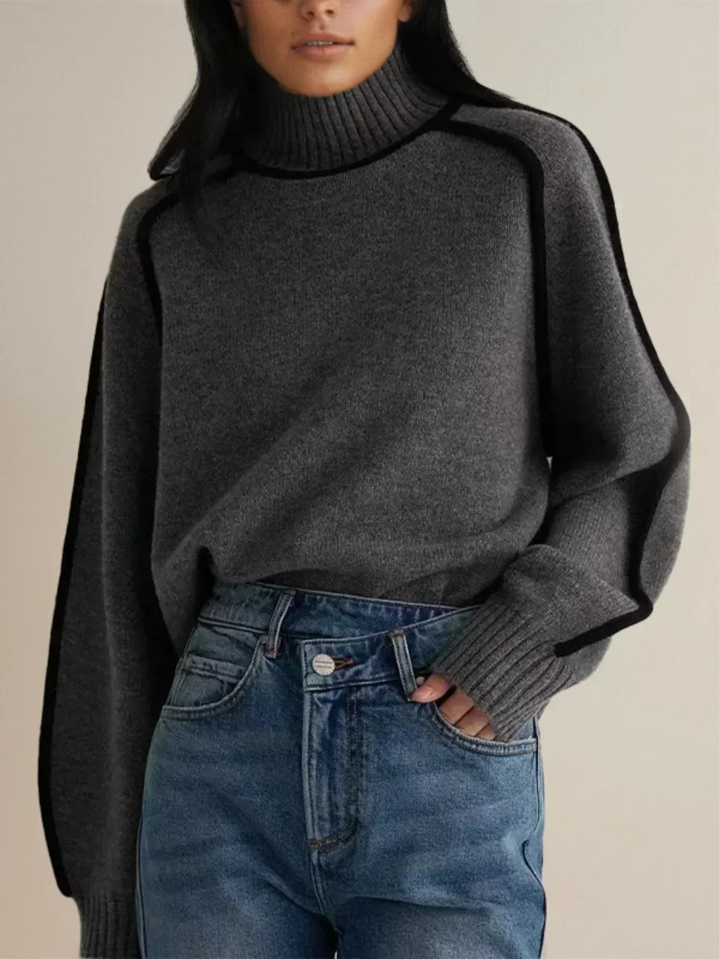 Adele Ribbed Knit Turtleneck Sweater – Piped Trim Raglan Sleeve Pullover