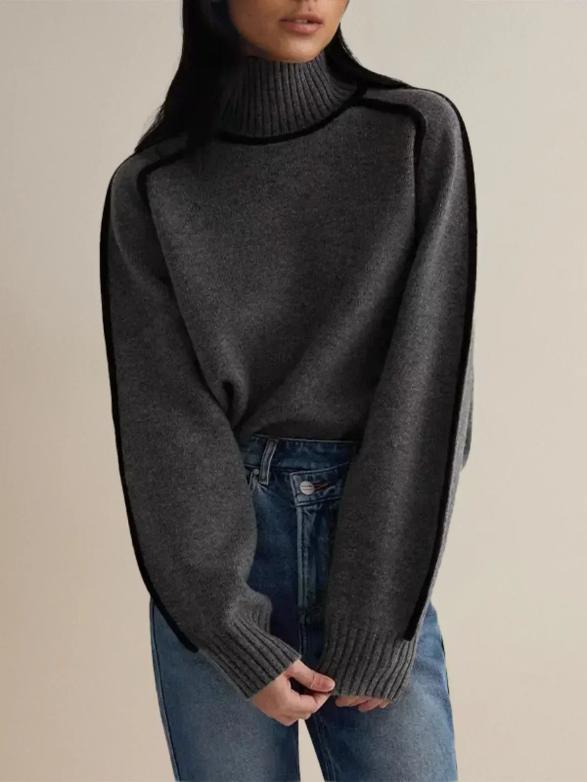 Adele Ribbed Knit Turtleneck Sweater – Piped Trim Raglan Sleeve Pullover