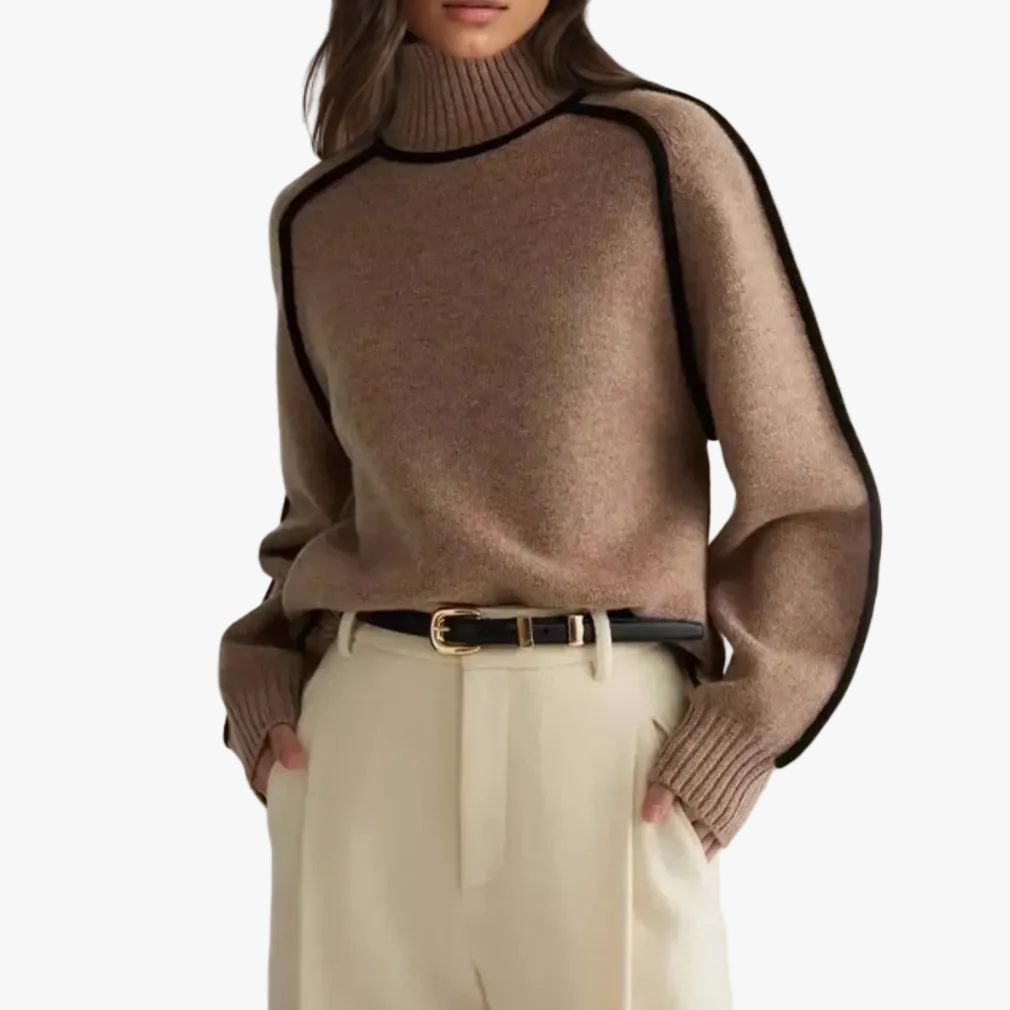 Adele Ribbed Knit Turtleneck Sweater – Piped Trim Raglan Sleeve Pullover