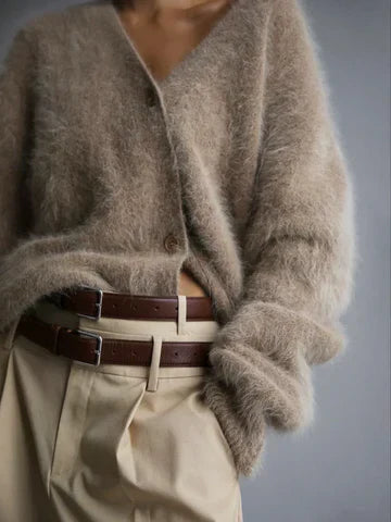 Adelina Brushed Knit Cardigan – Oversized Relaxed Fit V-Neck Button-Front Sweater