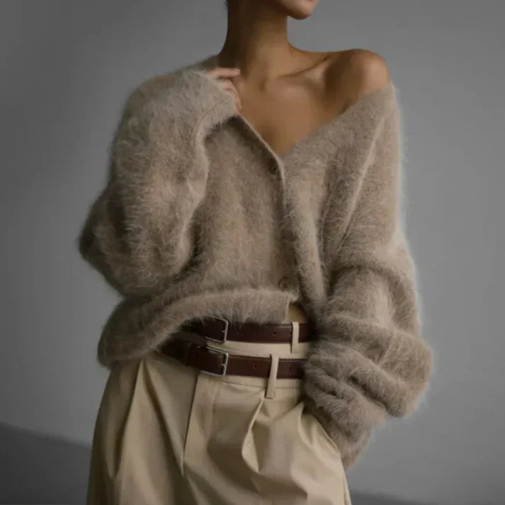Adelina Brushed Knit Cardigan – Oversized Relaxed Fit V-Neck Button-Front Sweater