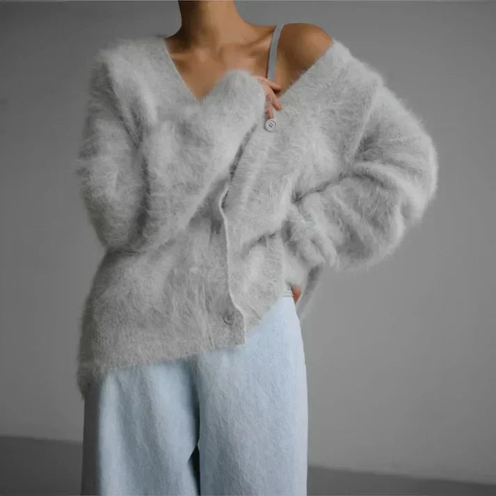 Adelina Brushed Knit Cardigan – Oversized Relaxed Fit V-Neck Button-Front Sweater