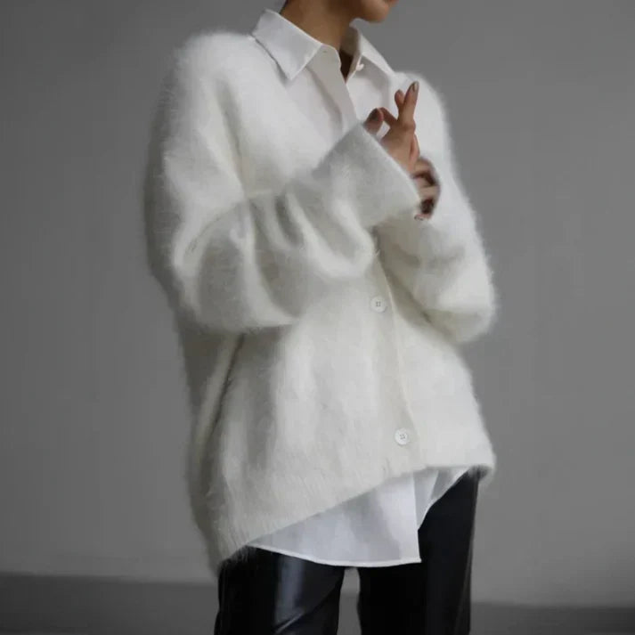Adelina Brushed Knit Cardigan – Oversized Relaxed Fit V-Neck Button-Front Sweater