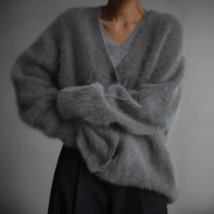 Adelina Brushed Knit Cardigan – Oversized Relaxed Fit V-Neck Button-Front Sweater
