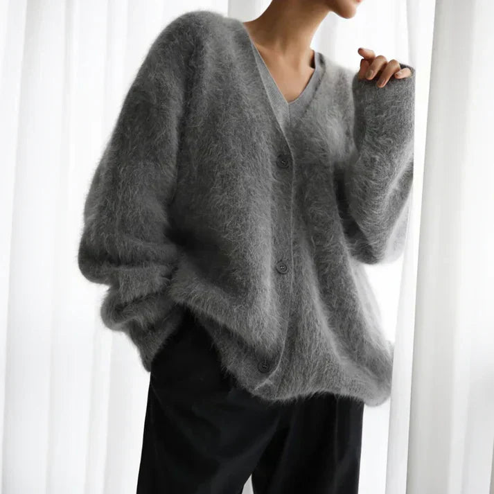 Adelina Brushed Knit Cardigan – Oversized Relaxed Fit V-Neck Button-Front Sweater