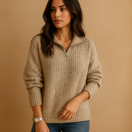 Beige brushed rib knit half-zip sweater with a relaxed fit, spread collar, and dropped shoulders.