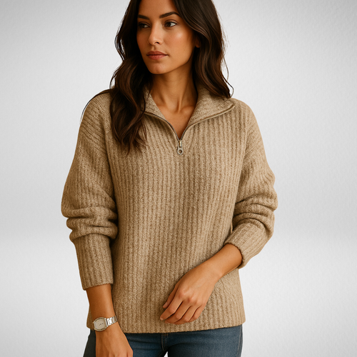 Tan brushed rib knit half-zip sweater with a relaxed fit, spread collar, and dropped shoulders on a woman.