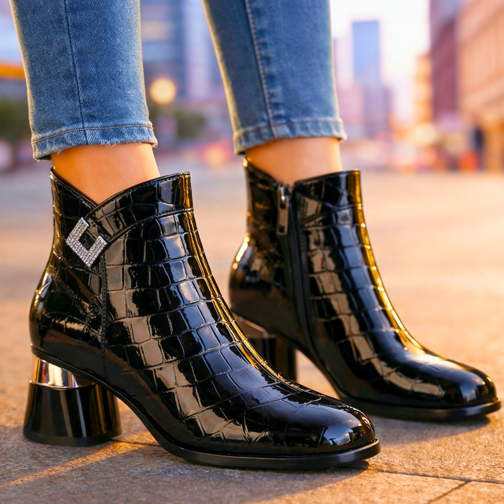 Adelina Croc-Embossed Leather Ankle Boots – Chrome Block-Heel Statement Footwear
