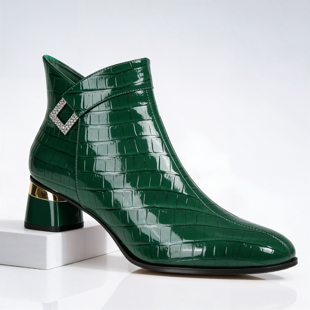 Adelina Croc-Embossed Leather Ankle Boots – Chrome Block-Heel Statement Footwear
