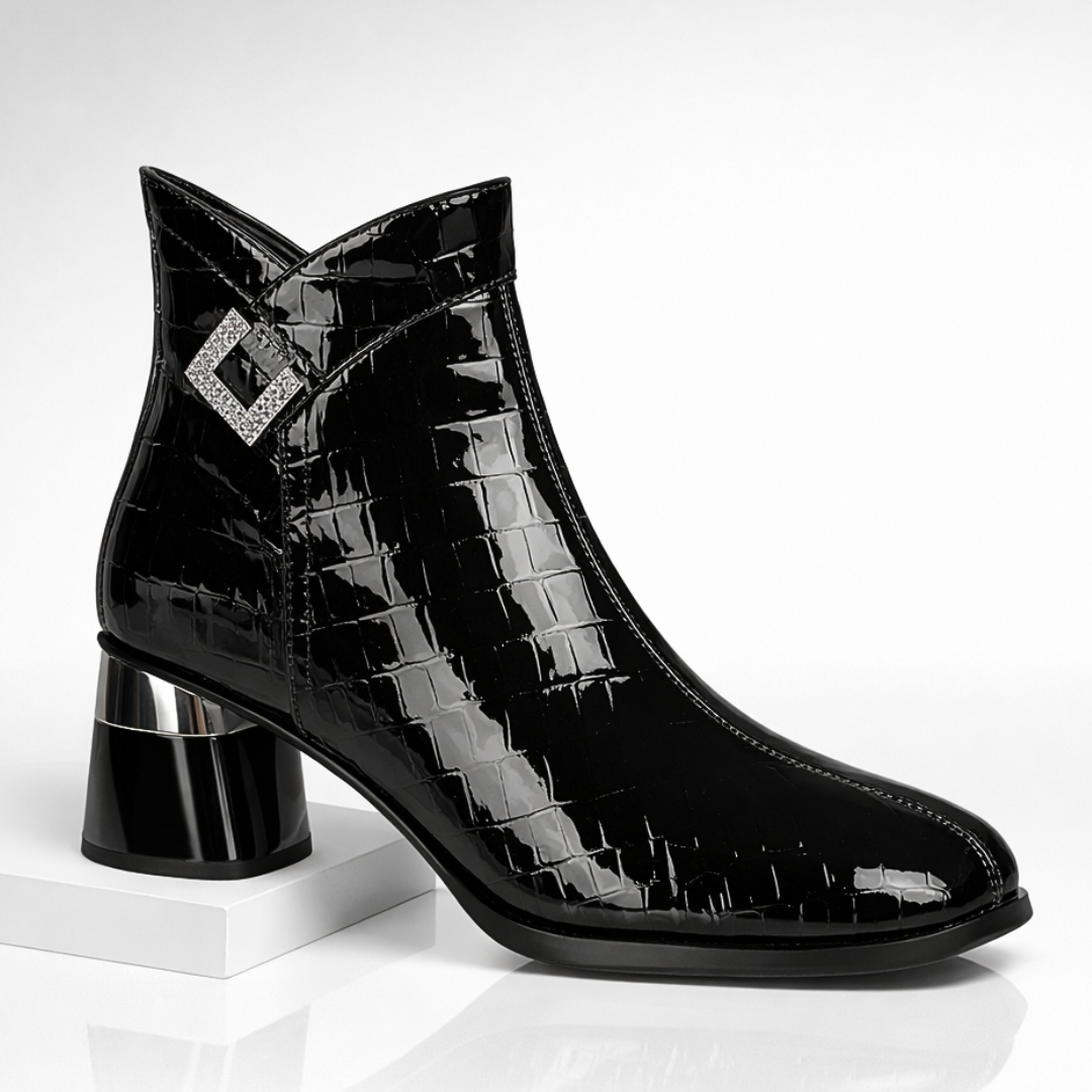 Adelina Croc-Embossed Leather Ankle Boots – Chrome Block-Heel Statement Footwear