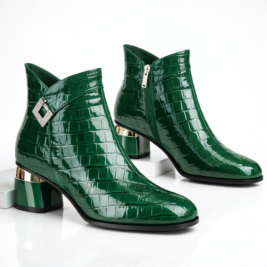 Adelina Croc-Embossed Leather Ankle Boots – Chrome Block-Heel Statement Footwear