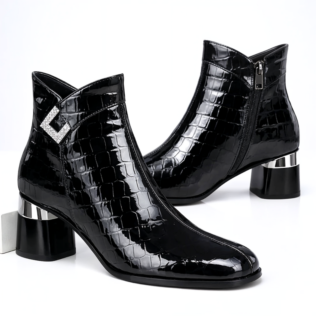 Adelina Croc-Embossed Leather Ankle Boots – Chrome Block-Heel Statement Footwear
