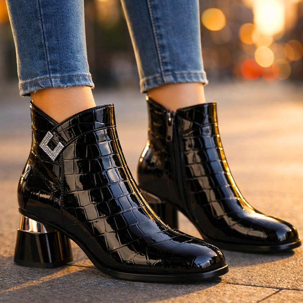 Adelina Croc-Embossed Leather Ankle Boots – Chrome Block-Heel Statement Footwear