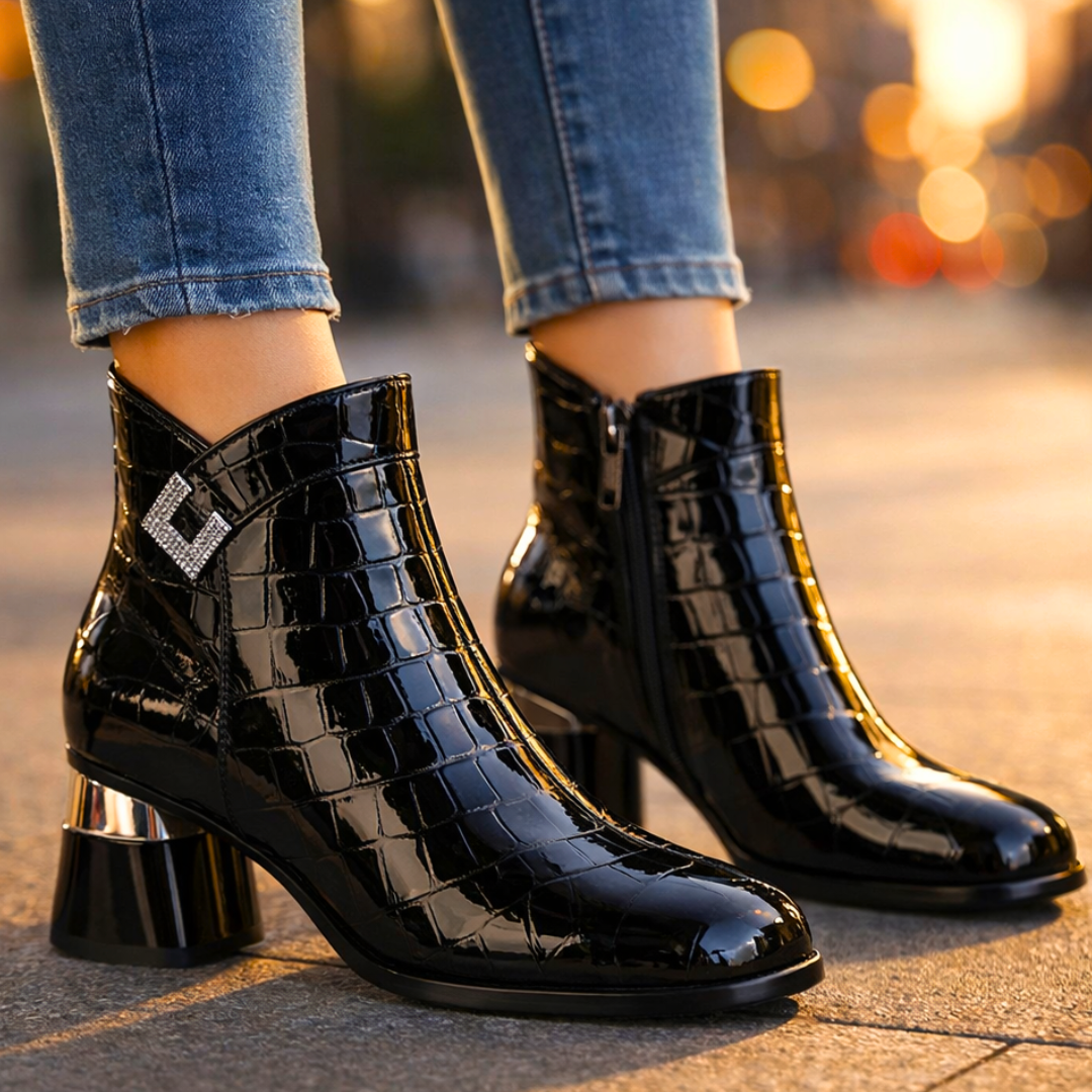 Adelina Croc-Embossed Leather Ankle Boots – Chrome Block-Heel Statement Footwear