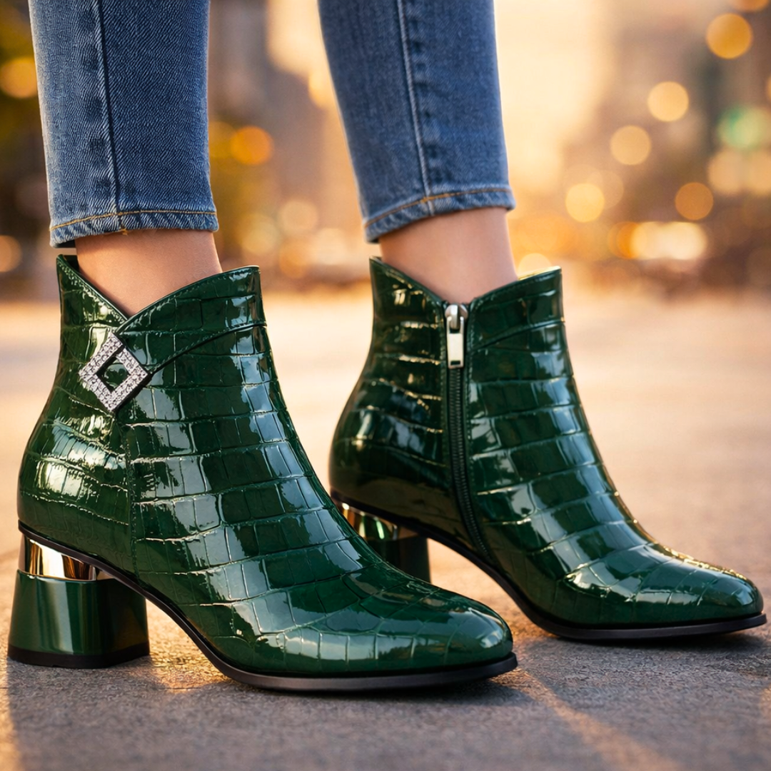 Adelina Croc-Embossed Leather Ankle Boots – Chrome Block-Heel Statement Footwear
