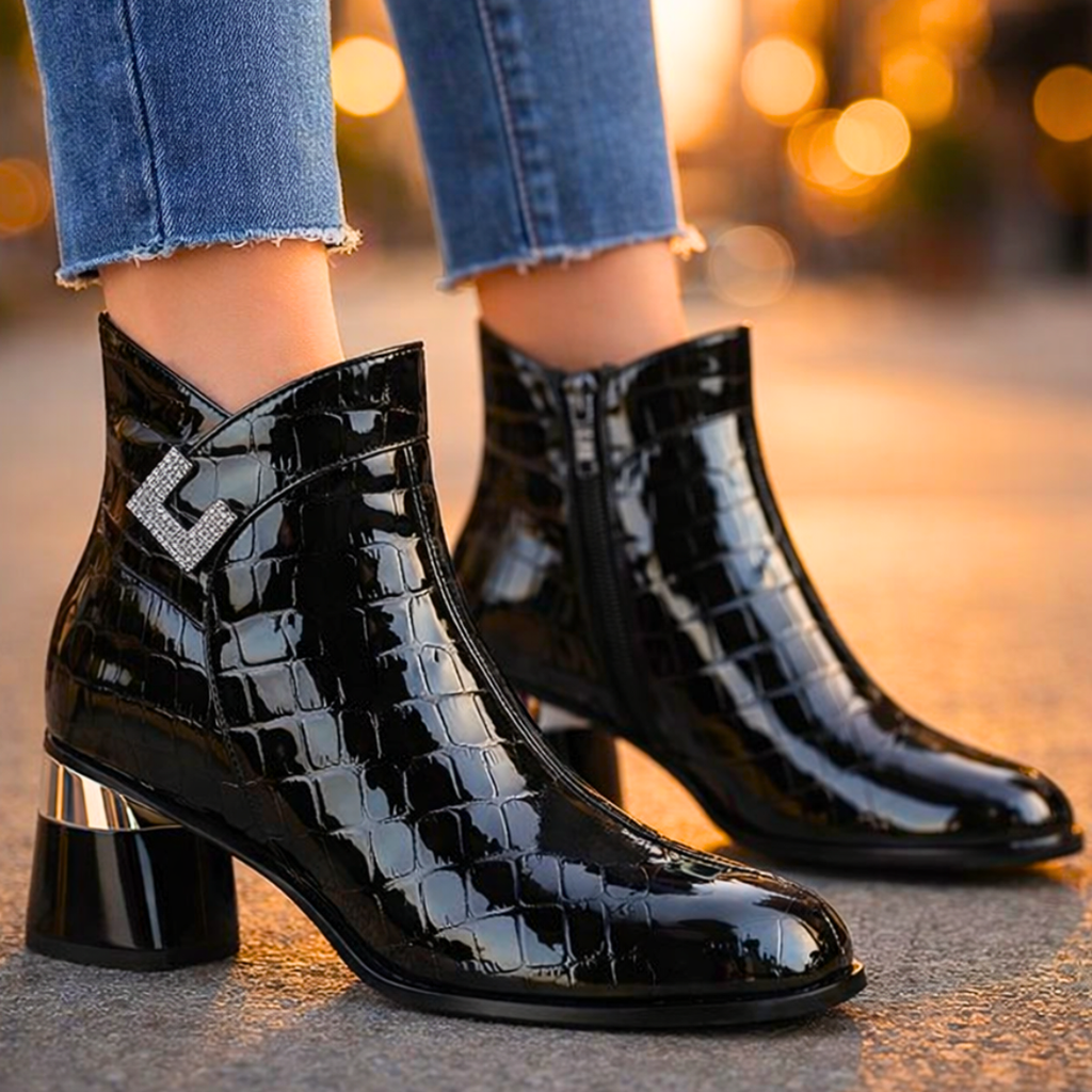 Adelina Croc-Embossed Leather Ankle Boots – Chrome Block-Heel Statement Footwear