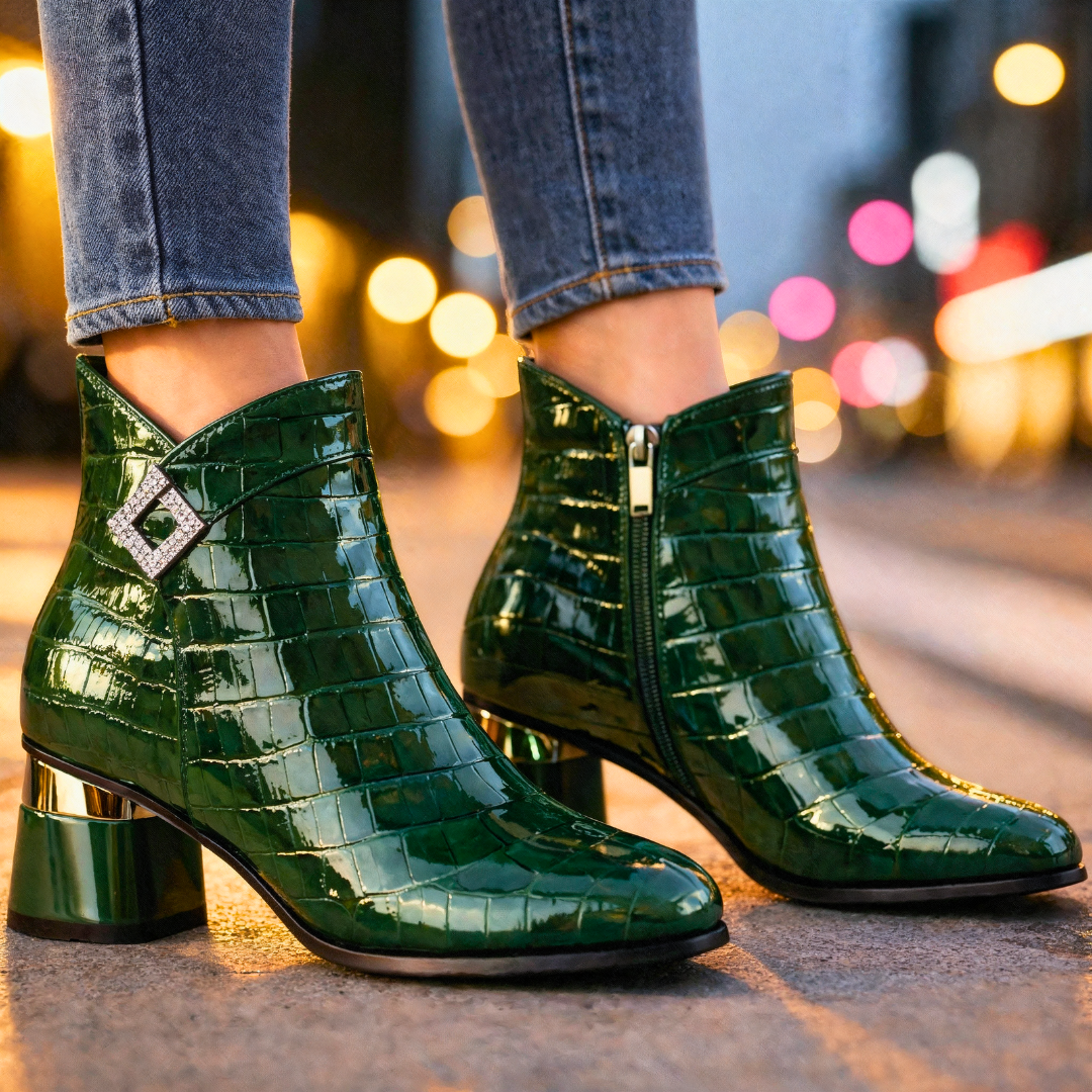 Adelina Croc-Embossed Leather Ankle Boots – Chrome Block-Heel Statement Footwear