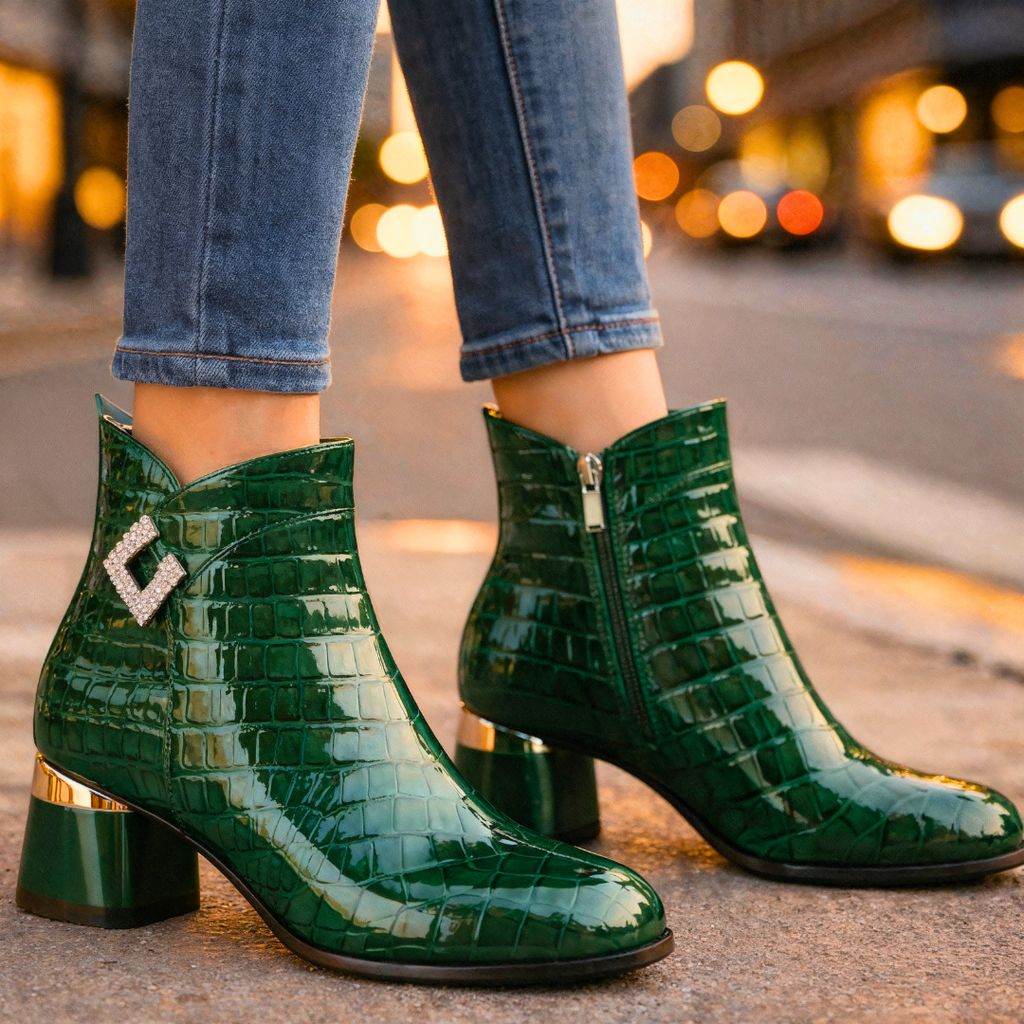 Adelina Croc-Embossed Leather Ankle Boots – Chrome Block-Heel Statement Footwear