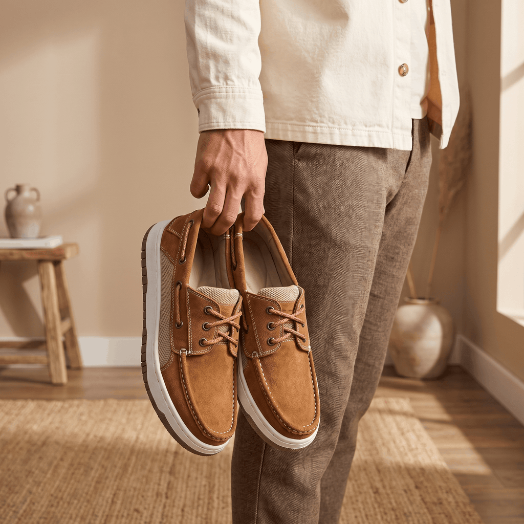 Man holding a pair of tan suede Adrian boat shoes by the heels, standing in a room with a jute rug and pottery vase
