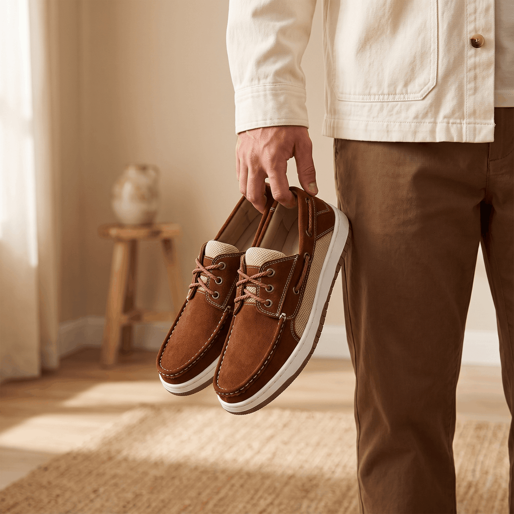Man holding a pair of dark brown suede Adrian boat shoes by the heels, wearing khaki trousers in a sunlit room